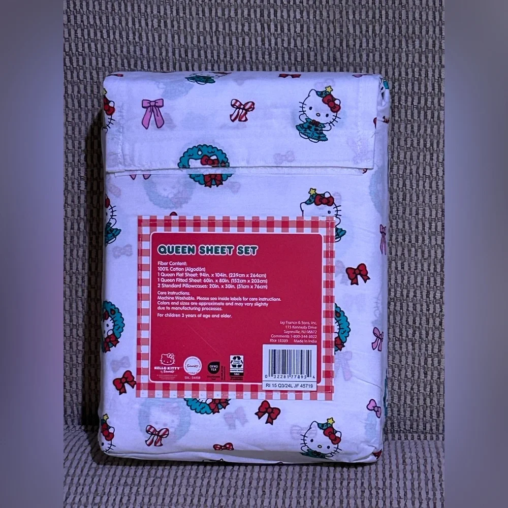 HELLO KITTY Christmas Wreaths And Bows Queen Sheet Set Made By Sanrio NWTS